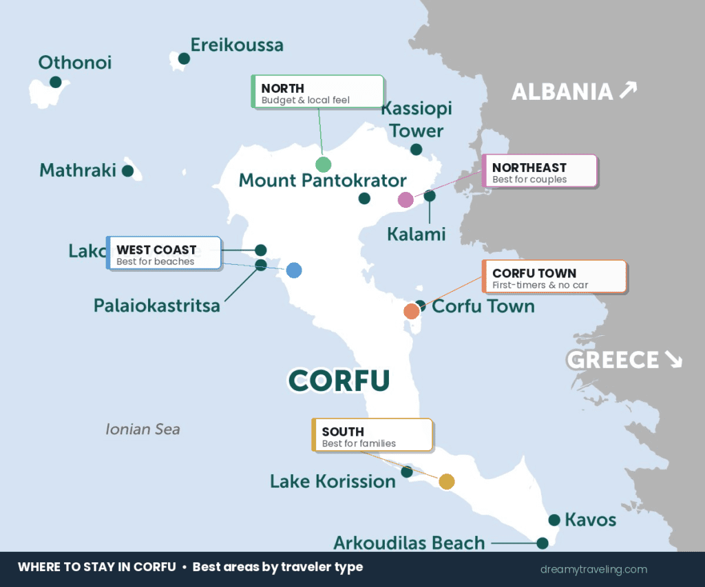 map of best areas to stay in Corfu Greece by traveler type