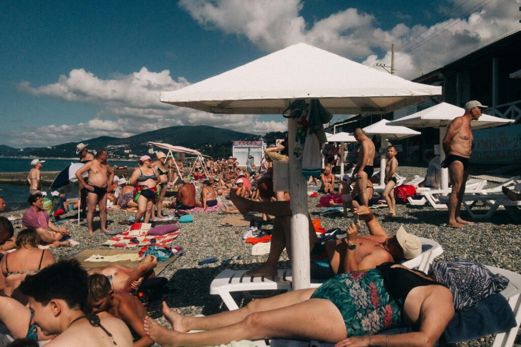 Greek islands beach in summer peak season July August